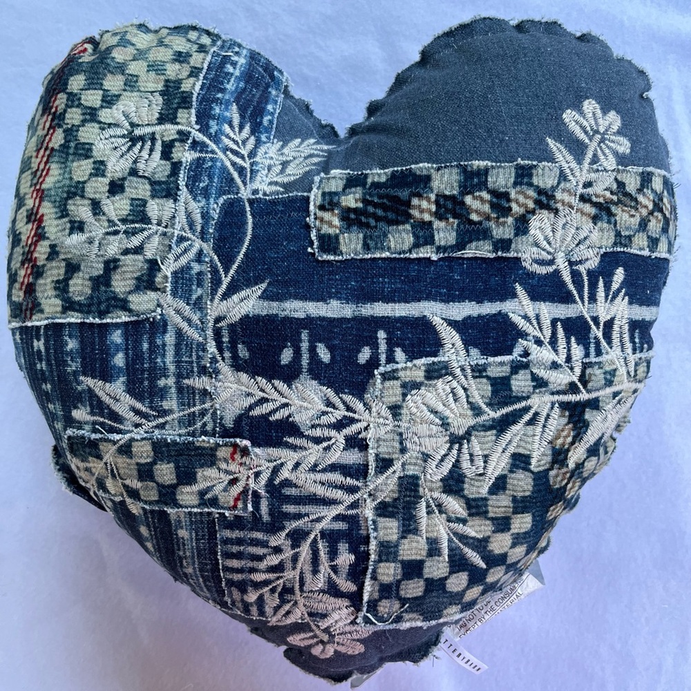 Pottery Barn Love Blue Denim Patchwork Heart Pillow